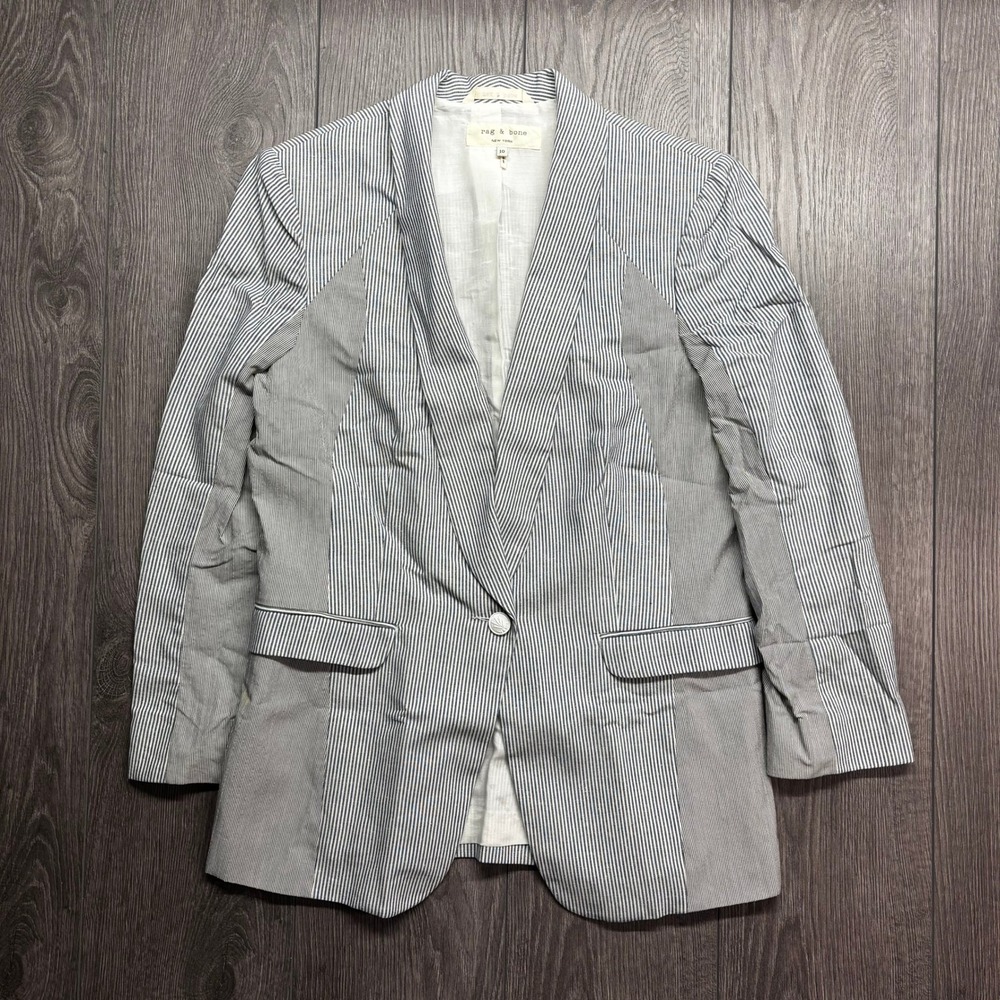 Rag & Bone Womens Blue White Pinstripe Seersucker Cotton Linen Blazer Jacket 10